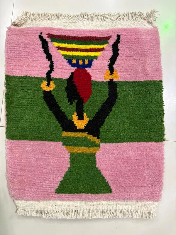 Figure in rose and green — A stylised figure across pink and green colour blocks